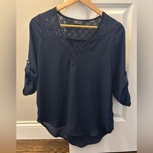 Moon River Women's Navy Lace Trim Top